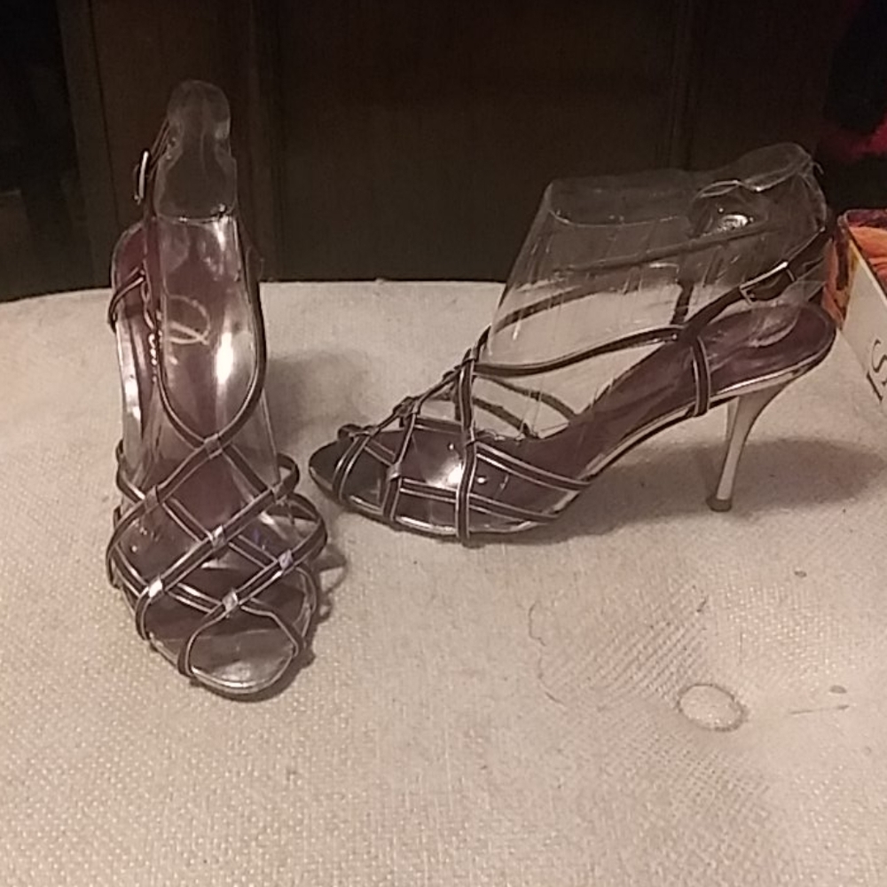DELMAN EGGPLANT AND SILVER STRAPPY SANDALS